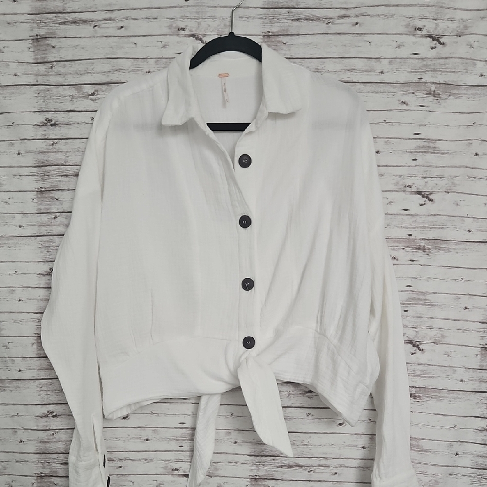 Free People White Button-Front Tie Hem Shirt